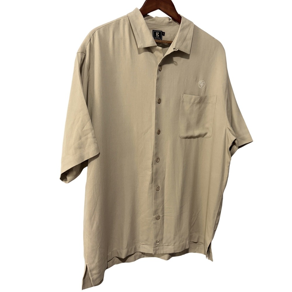 Gear For Sports Mens Large Silk Rayon Blend Camp Shirt Tan Textured Button Down